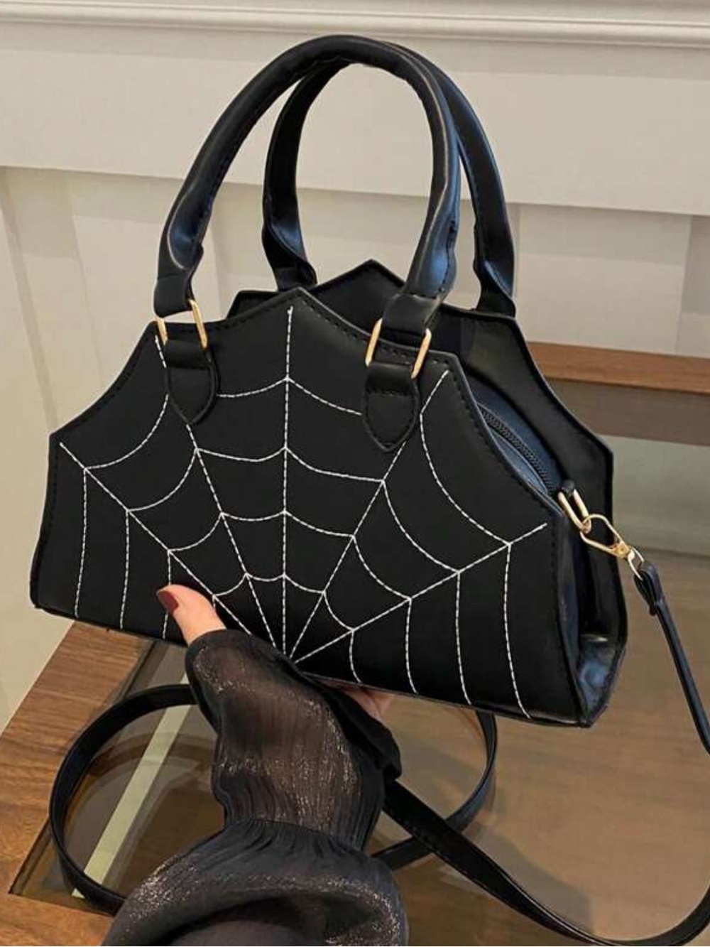 New Black Spiderweb Stitched Satchel Handbag
